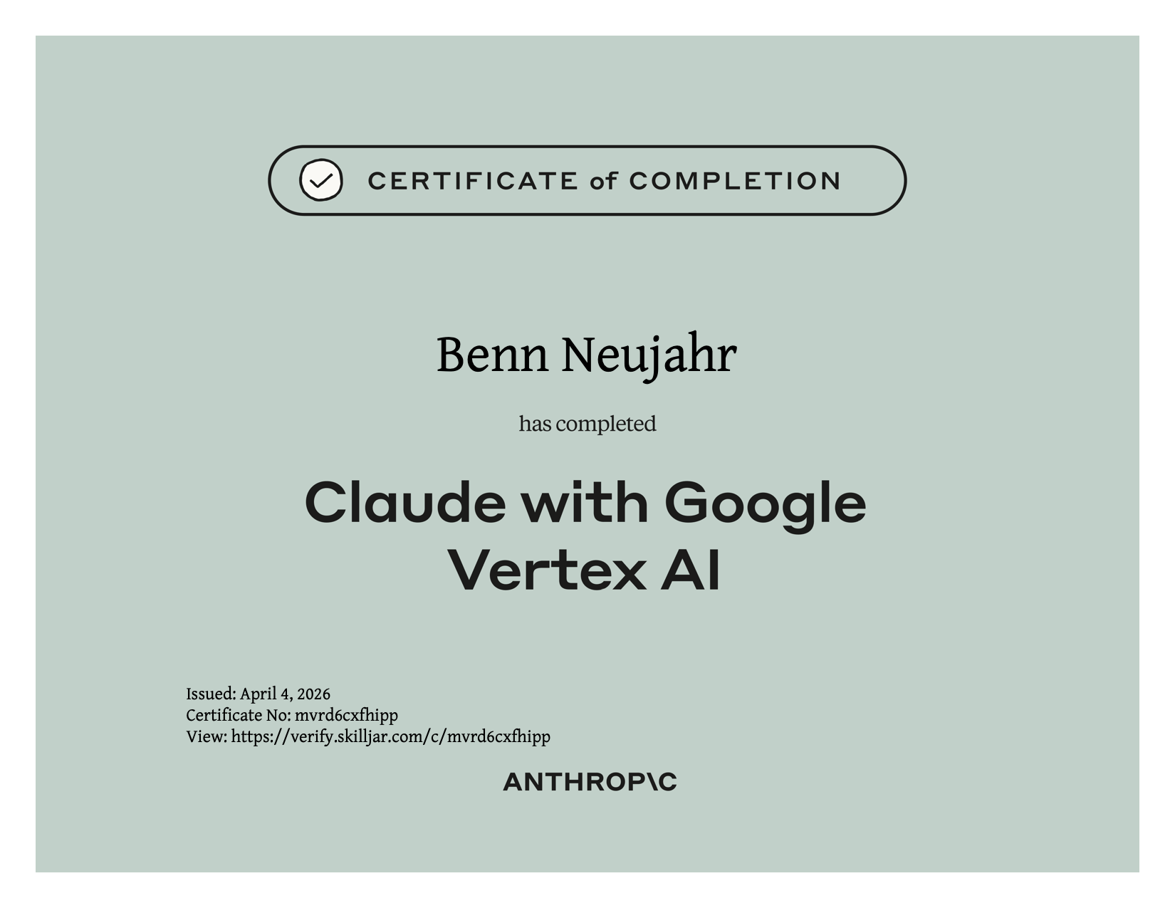 Zertifikat: Claude with Google Vertex AI – Anthropic